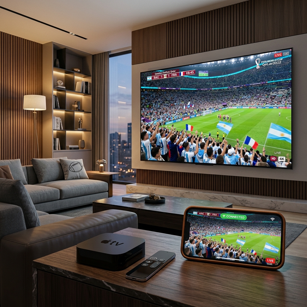 Cinematic dark luxury tech aesthetic Amazon Firestick 4K Max and Nvidia Shield Pro glowing devices on premium dark media console