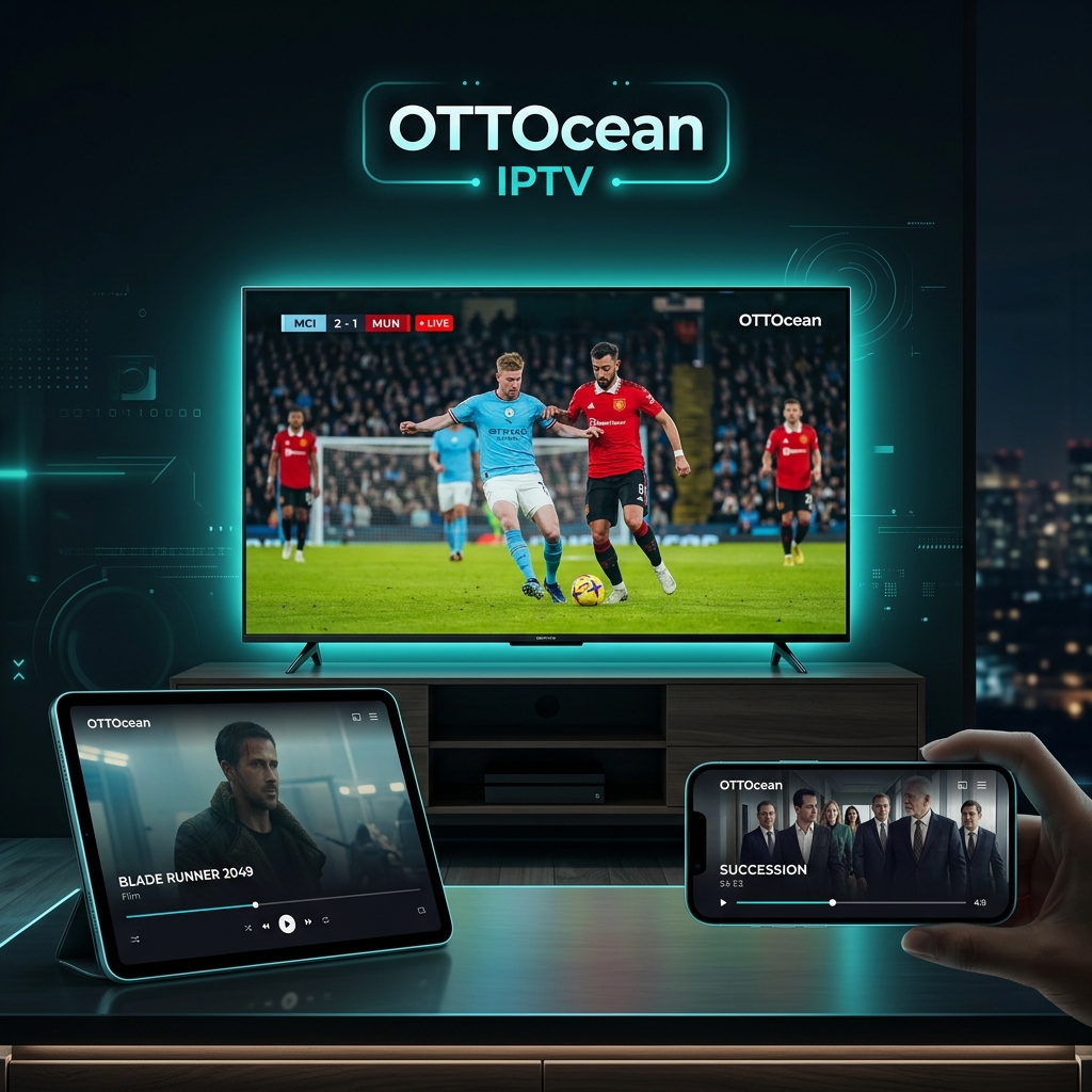 Ottocean IPTV subscription running simultaneously on Smart TV, tablet, and smartphone