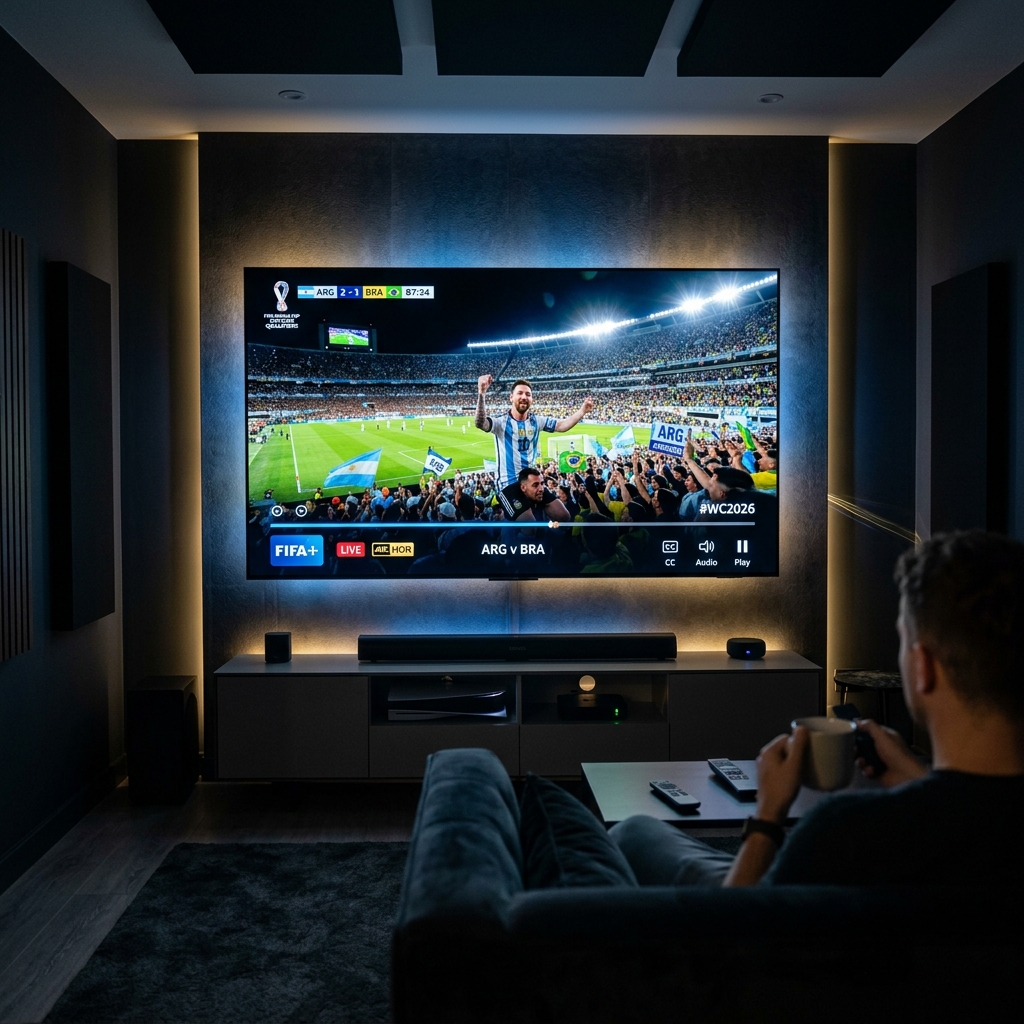 Cinematic 4K TV displaying a soccer match in a premium dark room setup representing World Cup 2026 Qualifiers streaming